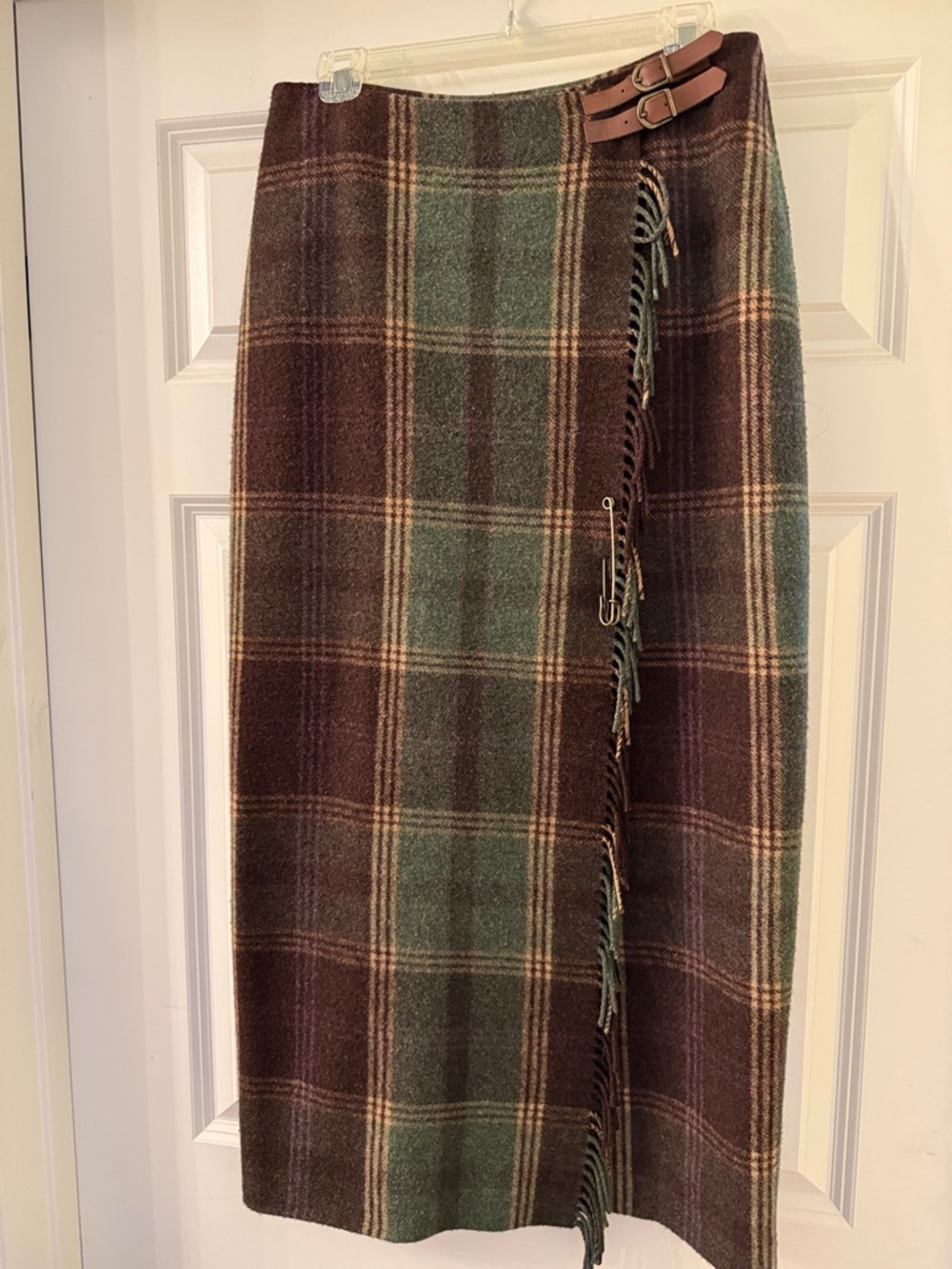 Lauren Ralph Lauren Brown and Green Plaid Wrap Midi Skirt with Buckles 100% Wool